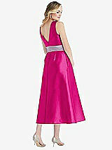 Rear View Thumbnail - Think Pink & Lilac Haze High-Neck Asymmetrical Shirred Satin Midi Dress with Pockets