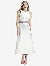 Front View Thumbnail - White & Lilac Haze High-Neck Asymmetrical Shirred Satin Midi Dress with Pockets