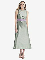 Front View Thumbnail - Willow Green & Lilac Haze High-Neck Asymmetrical Shirred Satin Midi Dress with Pockets