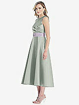 Side View Thumbnail - Willow Green & Lilac Haze High-Neck Asymmetrical Shirred Satin Midi Dress with Pockets