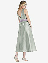 Rear View Thumbnail - Willow Green & Lilac Haze High-Neck Asymmetrical Shirred Satin Midi Dress with Pockets