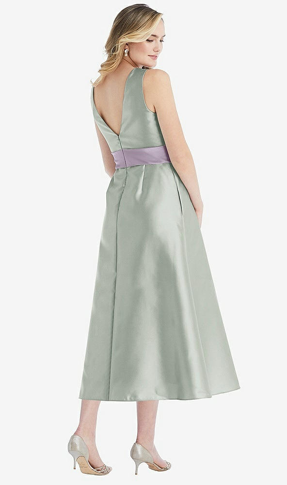 Back View - Willow Green & Lilac Haze High-Neck Asymmetrical Shirred Satin Midi Dress with Pockets