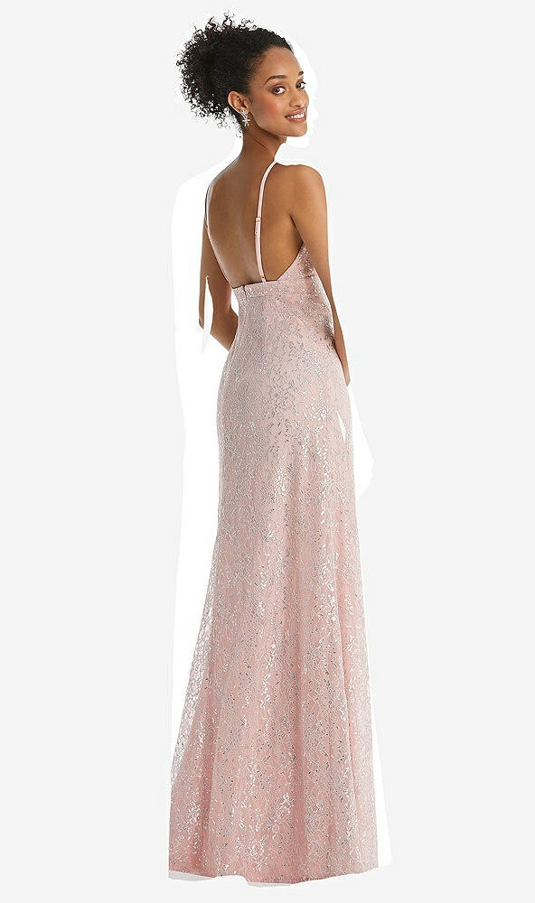 Back View - Rose V-Neck Metallic Lace Maxi Dress with Adjustable Straps