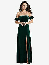 Front View Thumbnail - Evergreen Ruffle Sleeve Off-the-Shoulder Velvet Maxi Dress