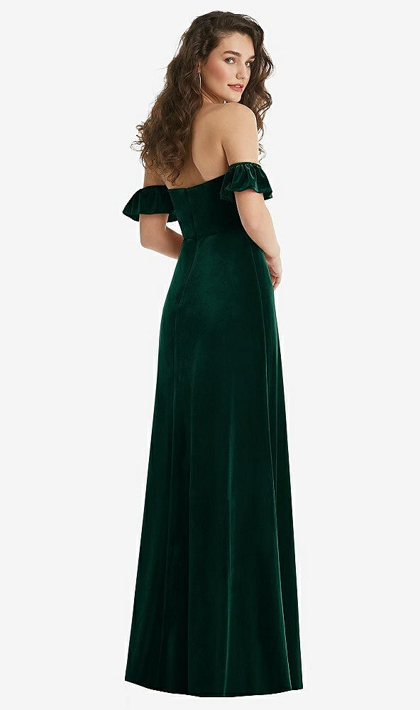 Back View - Evergreen Ruffle Sleeve Off-the-Shoulder Velvet Maxi Dress