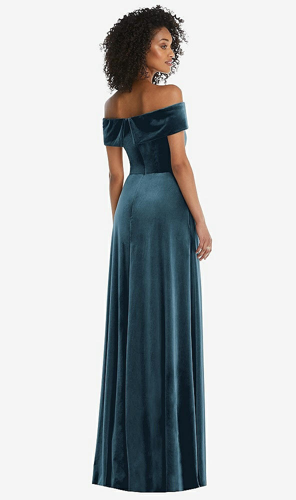 Back View - Dutch Blue Draped Cuff Off-the-Shoulder Velvet Maxi Dress with Pockets