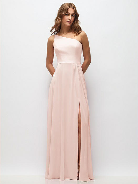 One-Shoulder Chiffon Maxi Dress with Shirred Front Slit