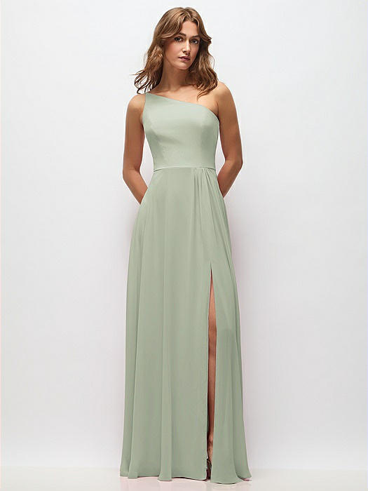 One-Shoulder Chiffon Maxi Dress with Shirred Front Slit