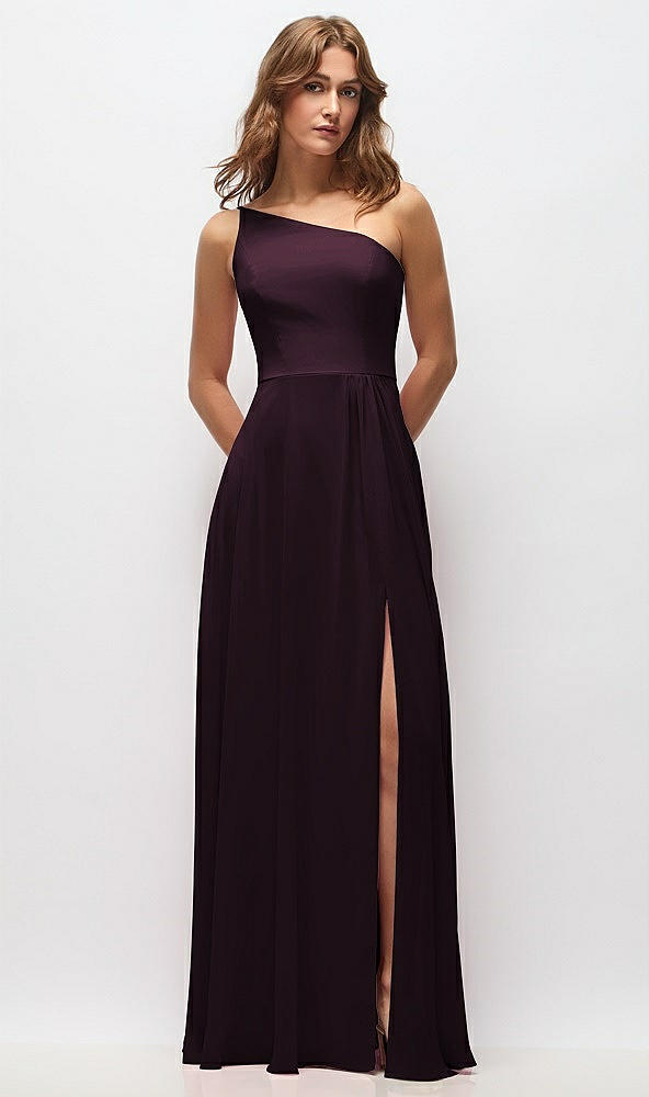 Front View - Deep Plum One-Shoulder Chiffon Maxi Dress with Shirred Front Slit