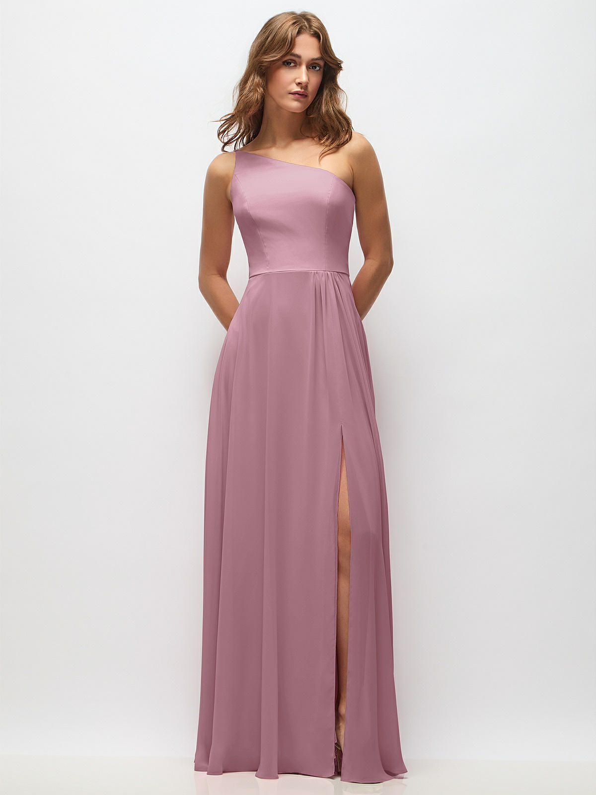 One-shoulder Chiffon Maxi Bridesmaid Dress With Shirred Front Slit