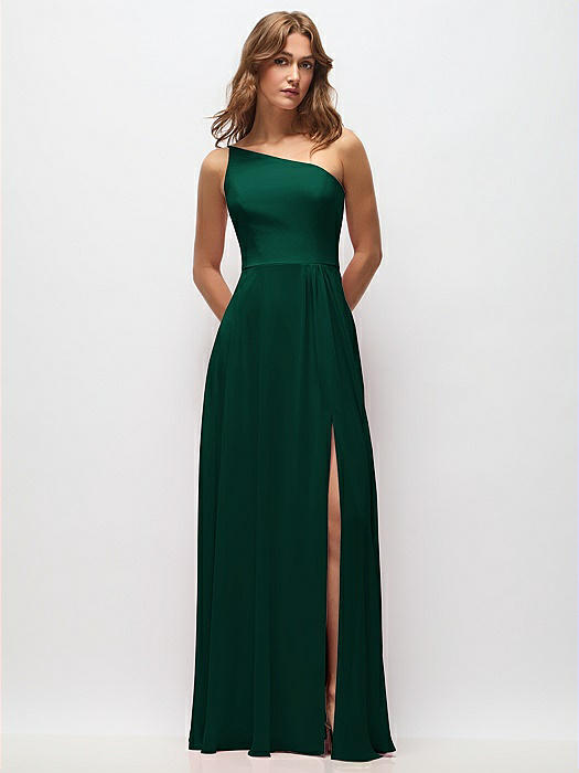 One-Shoulder Chiffon Maxi Dress with Shirred Front Slit