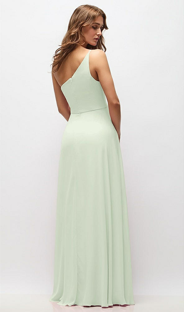 Back View - Mint Green One-Shoulder Chiffon Maxi Dress with Shirred Front Slit