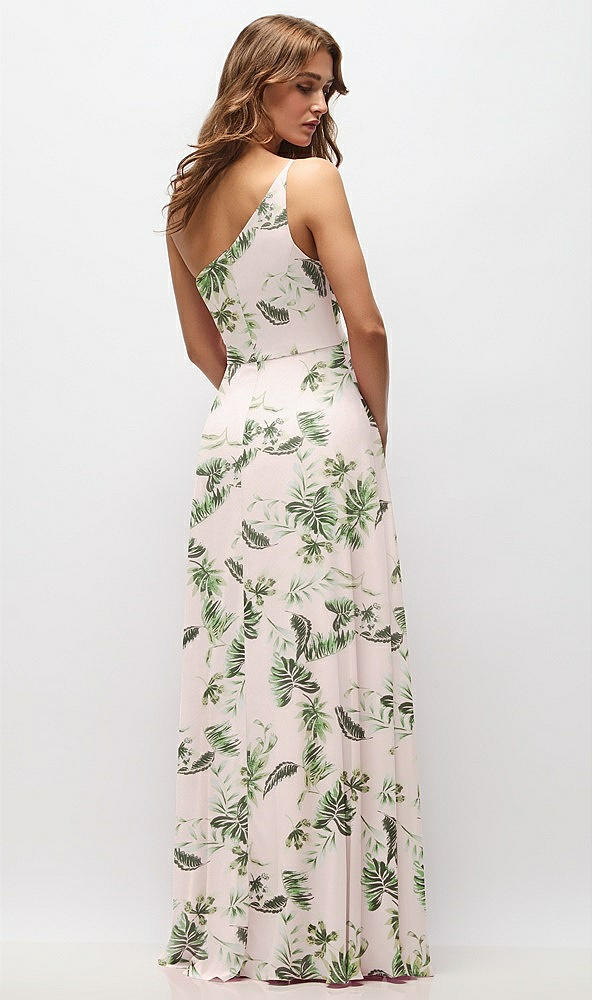 Back View - Palm Beach Print One-Shoulder Chiffon Maxi Dress with Shirred Front Slit