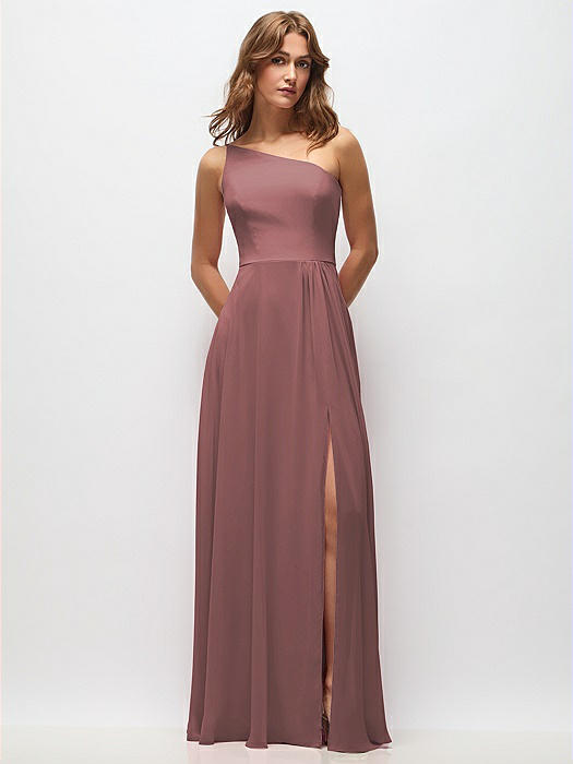 One-Shoulder Chiffon Maxi Dress with Shirred Front Slit