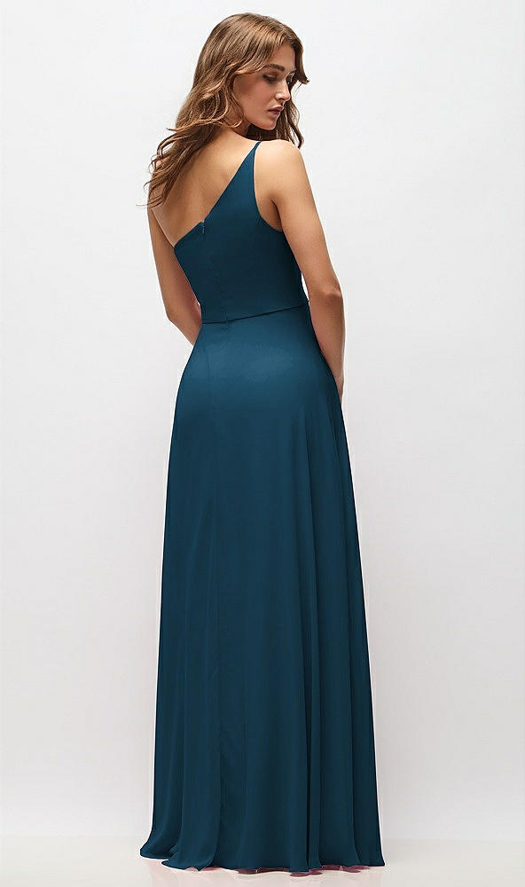 Back View - Atlantic Blue One-Shoulder Chiffon Maxi Dress with Shirred Front Slit