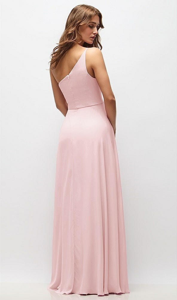 Back View - Ballet Pink One-Shoulder Chiffon Maxi Dress with Shirred Front Slit