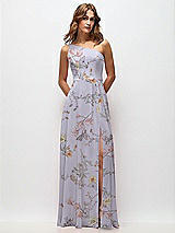 Front View Thumbnail - Butterfly Botanica Silver Dove One-Shoulder Chiffon Maxi Dress with Shirred Front Slit