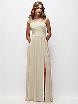 Front View Thumbnail - Champagne One-Shoulder Chiffon Maxi Dress with Shirred Front Slit