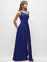 Side View Thumbnail - Cobalt Blue One-Shoulder Chiffon Maxi Dress with Shirred Front Slit