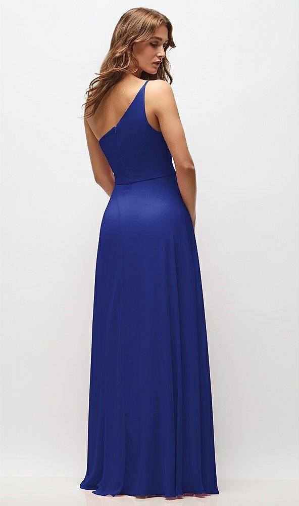 Back View - Cobalt Blue One-Shoulder Chiffon Maxi Dress with Shirred Front Slit