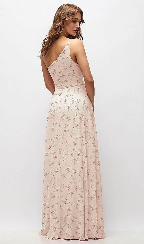 Back View - Coquette Floral Print One-Shoulder Chiffon Maxi Dress with Shirred Front Slit