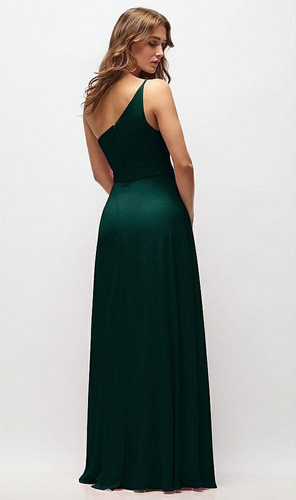 Back View - Evergreen One-Shoulder Chiffon Maxi Dress with Shirred Front Slit