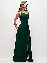 Side View Thumbnail - Hunter Green One-Shoulder Chiffon Maxi Dress with Shirred Front Slit