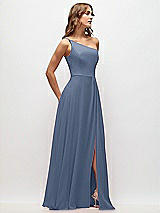 Side View Thumbnail - Larkspur Blue One-Shoulder Chiffon Maxi Dress with Shirred Front Slit