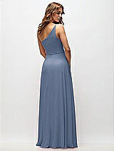 Rear View Thumbnail - Larkspur Blue One-Shoulder Chiffon Maxi Dress with Shirred Front Slit