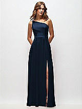 Front View Thumbnail - Midnight Navy One-Shoulder Chiffon Maxi Dress with Shirred Front Slit