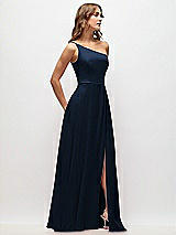 Side View Thumbnail - Midnight Navy One-Shoulder Chiffon Maxi Dress with Shirred Front Slit