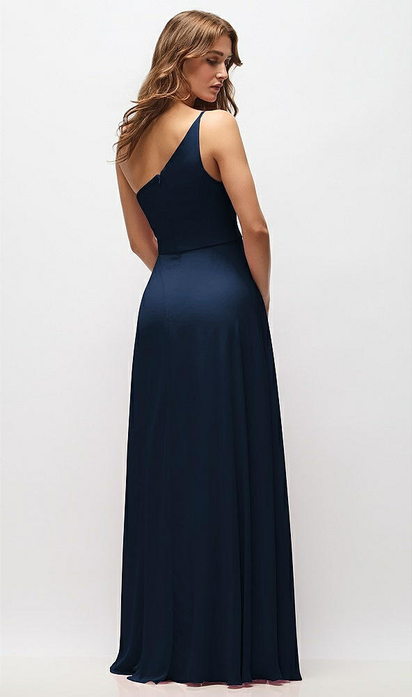Back View - Midnight Navy One-Shoulder Chiffon Maxi Dress with Shirred Front Slit