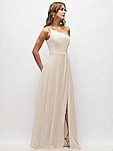 Side View Thumbnail - Oat One-Shoulder Chiffon Maxi Dress with Shirred Front Slit