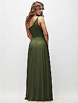 Rear View Thumbnail - Olive Green One-Shoulder Chiffon Maxi Dress with Shirred Front Slit