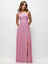 Front View Thumbnail - Powder Pink One-Shoulder Chiffon Maxi Dress with Shirred Front Slit