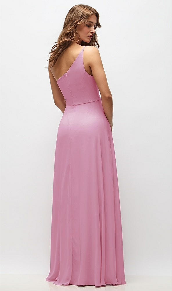 Back View - Powder Pink One-Shoulder Chiffon Maxi Dress with Shirred Front Slit