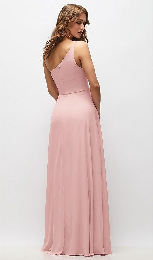Back View - Rose One-Shoulder Chiffon Maxi Dress with Shirred Front Slit
