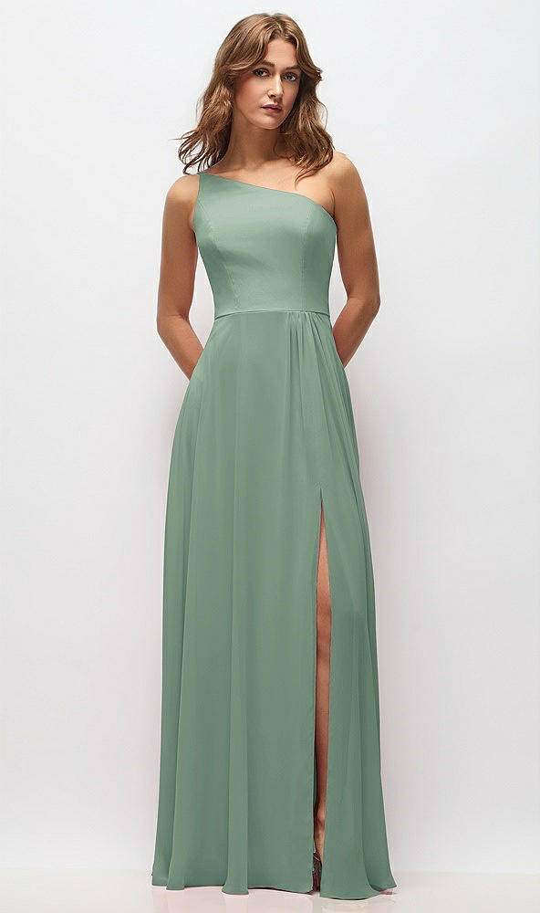 Front View - Seagrass One-Shoulder Chiffon Maxi Dress with Shirred Front Slit