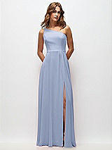 Front View Thumbnail - Sky Blue One-Shoulder Chiffon Maxi Dress with Shirred Front Slit