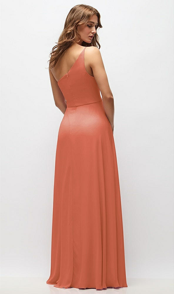 Back View - Terracotta Copper One-Shoulder Chiffon Maxi Dress with Shirred Front Slit