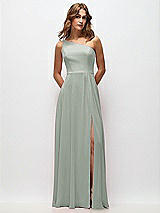 Front View Thumbnail - Willow Green One-Shoulder Chiffon Maxi Dress with Shirred Front Slit