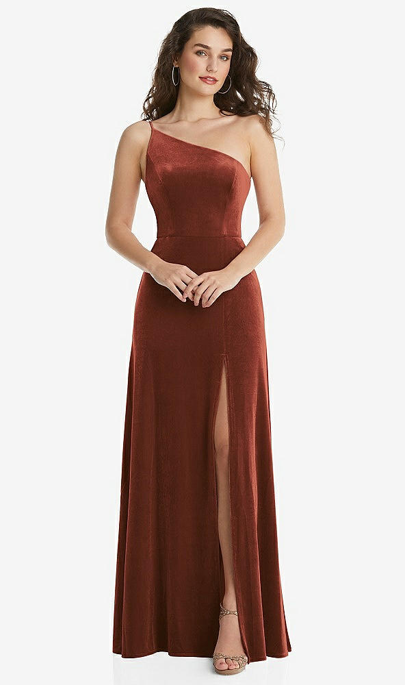 Front View - Auburn Moon One-Shoulder Spaghetti Strap Velvet Maxi Dress with Pockets