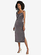 Front View Thumbnail - Caviar Gray Asymmetrical One-Shoulder Velvet Midi Slip Dress