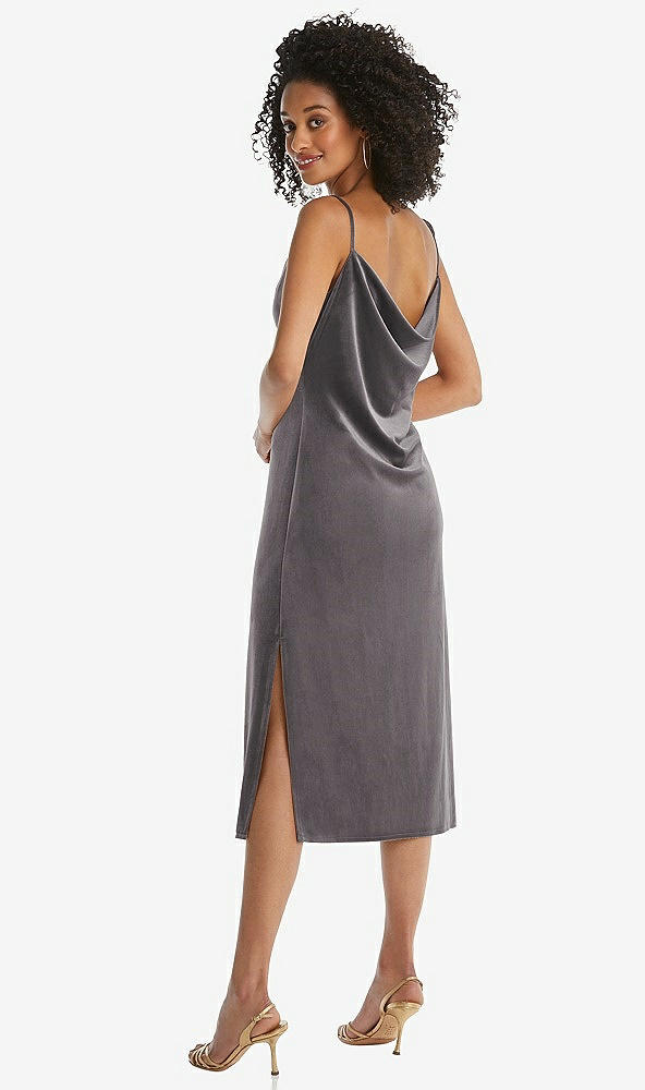 Back View - Caviar Gray Asymmetrical One-Shoulder Velvet Midi Slip Dress