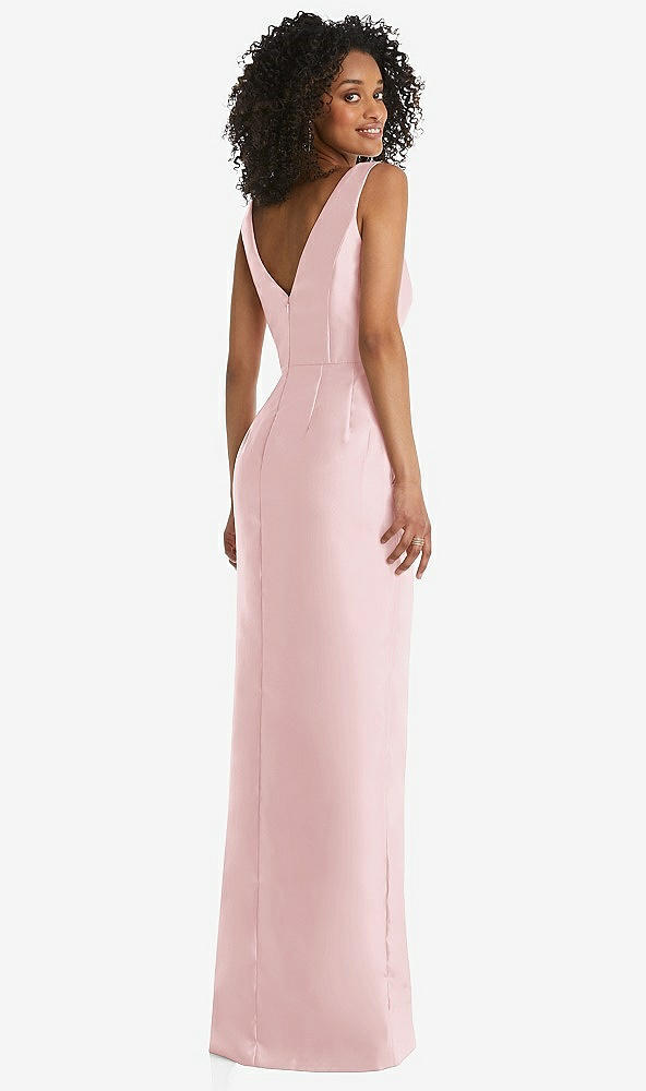 Back View - Ballet Pink Pleated Bodice Satin Maxi Pencil Dress with Bow Detail