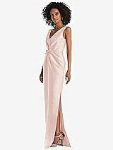 Side View Thumbnail - Blush Pleated Bodice Satin Maxi Pencil Dress with Bow Detail