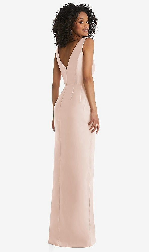 Back View - Cameo Pleated Bodice Satin Maxi Pencil Dress with Bow Detail