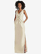 Front View Thumbnail - Champagne Pleated Bodice Satin Maxi Pencil Dress with Bow Detail