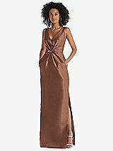 Front View Thumbnail - Cognac Pleated Bodice Satin Maxi Pencil Dress with Bow Detail