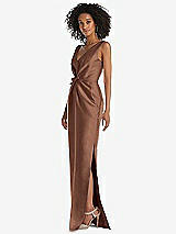 Side View Thumbnail - Cognac Pleated Bodice Satin Maxi Pencil Dress with Bow Detail